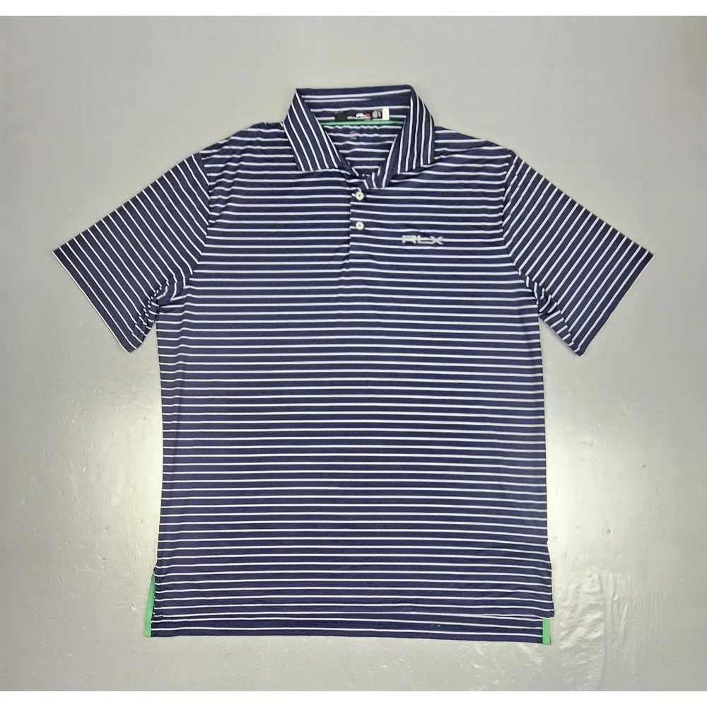 Rlx Ralph Lauren Polo Golf Shirt Mens XL Blue White Striped ShortSleeve